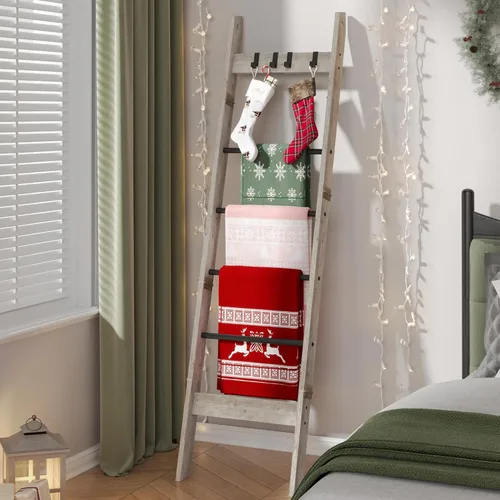 Vista 43 de Escalera para manta para sala de estar, estante decorativo para edredón con 4 ganchos extraíbles, 5 niveles de soporte de escalera de granja Blanco