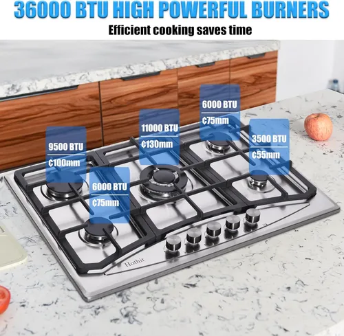 Vista 3 de Hothit Placa de cocina de gas propano de 30 pulgadas, estufa de gas de acero inoxidable integrada de 5 quemadores, placa de gas de encendido