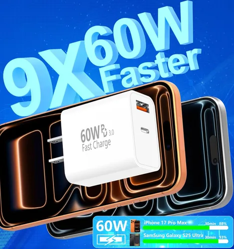 Vista 2 de Cargador para iPhone 17 de carga rápida, 60 W GaN USB-C y USB-A Bloque de cargador de pared con 2 cables USB C a USB C de 6 pies, compatible