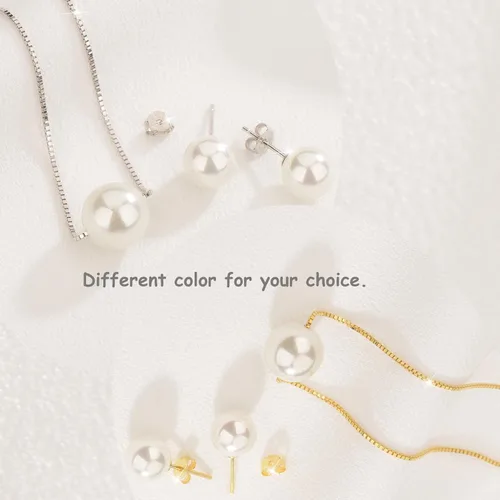 Vista 7 de Single Pearl Necklace Earrings Set Silver GoldRhodium Plated, Classic Silver Jewelry Set Gifts for WeddingBirthday