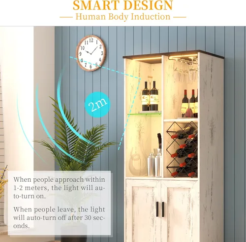 Vista 14 de Armario de despensa de cocina de 58 pulgadas con luces, gabinetes de cocina de granja, barra de café con estantes ajustables, estantes