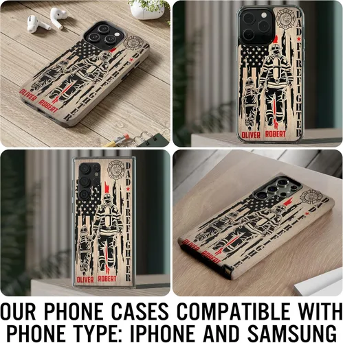 Vista 48 de Funda de teléfono personalizada con bandera estadounidense de madera, diseño de bombero de línea roja, diseño de bombero, regalo personalizado