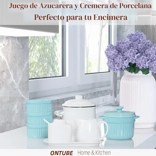 Vista 5 de ONTUBE Ceramic Sugar and Creamer with tray and Crystal Lid Set of 4 (Gold)