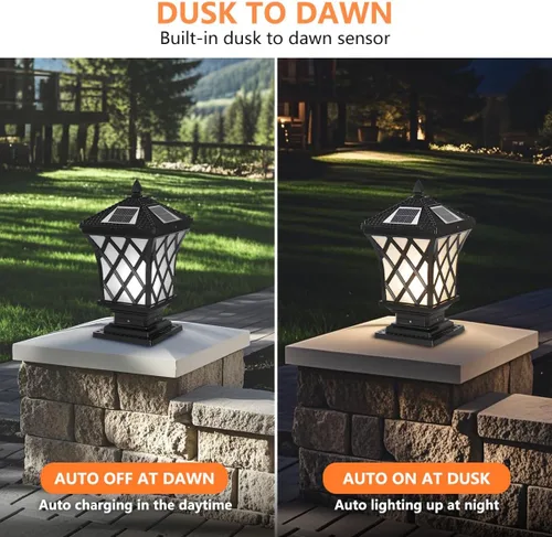 Vista 4 de Lámpara LED solar para poste con tapa de poste, luces de pilar regulables para exteriores, IP65, impermeable, luz de poste negra, luz de columna