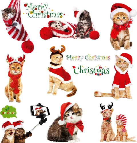 Vista 13 de Calcomanías de gato para ventana de Navidad, 9 hojas de decoración de Navidad, campanas de árbol de gato, calcomanías para fiestas de vacaciones