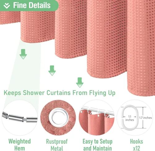 Vista 448 de Cortina de ducha de tela Dynamene verde oscuro - Cortinas de baño de tela de nido de abeja texturizadas resistentes, juego de cortinas de baño