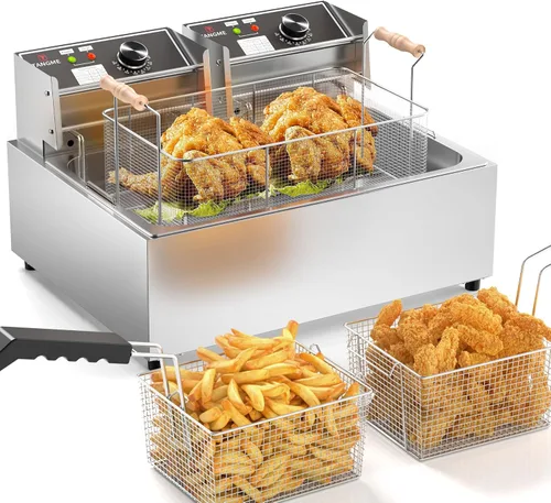 TANGME Freidora Comercial Profunda, Freidora Eléctrica de Encimera de 3400w con 3 Cestas, Freidora de Aceite de Acero Inoxidable de 22L/23.25Qt de