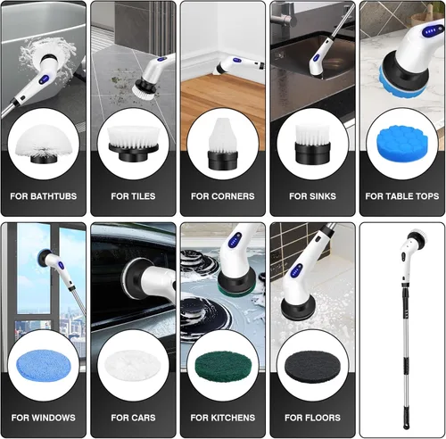Vista 6 de HSHa Limpiador eléctrico giratorio, limpiador de ducha inalámbrico con mango largo, 2 velocidades ajustables, cepillo de limpieza de ducha con 10