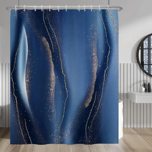 Vista 114 de Baocicco Cortina de ducha de mármol azul abstracto a rayas, decorativa, textura de lujo, línea moderna, decoración de acuarela, juego de cortinas
