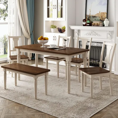 Vista 27 de Juego de mesa de comedor de 6 piezas estilo granja, mesa rectangular con soporte y 4 sillas tapizadas y banco, juego de muebles de cocina