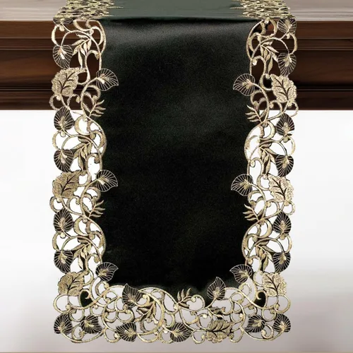 DECOZEN Camino de mesa navideño de encaje dorado negro – Bufanda bordada para comedor y tocador para mesas de vacaciones, bodas y fiestas – 14 x 108