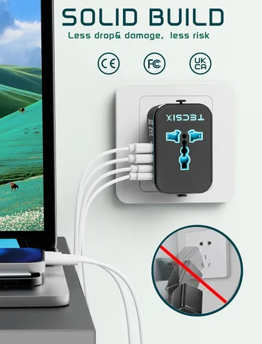 Vista 9 de Adaptador de viaje universal en todo el mundo, adaptador de enchufe de viaje europeo con 2 USB C, 2 USB A y múltiples salidas de CA, convertidor
