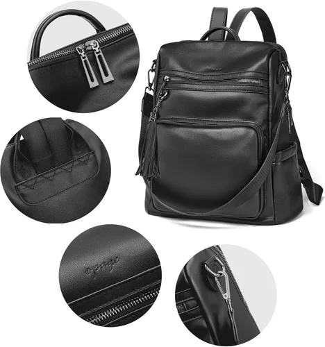 Vista 4 de OPAGE - Mochila de cuero para mujer, con borla de moda, bolso de hombro, mochila grande, bolsa de viaje, Negro, L, Viajar