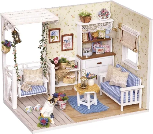 Vista 15 de TuKIIE Kit de casa en miniatura con muebles, a escala 1:100, sala creativa, mini casa de muñecas de madera, rincón de libro para niños, adolescentes
