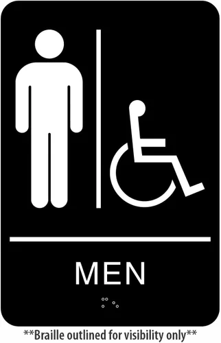 Vista 5 de Headline Letrero con texto en inglés "Ada", símbolo táctil accesible para hombres/sillas de ruedas, plástico, 6 x 9, negro/blanco