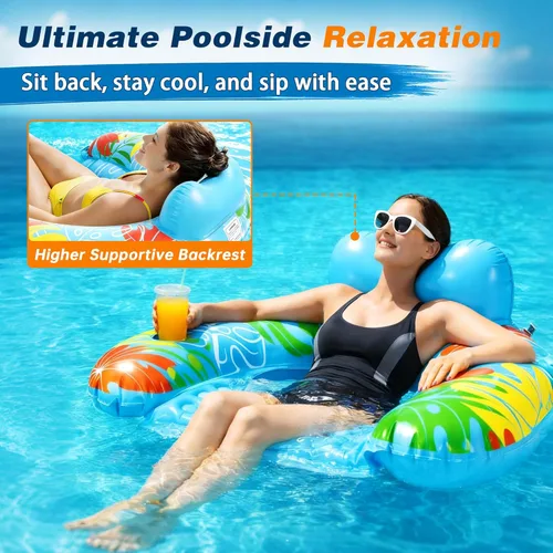 Vista 4 de 3 Pack Pool Floats Adult, SEETOHOME Inflatable Pool Float Chairs with Cup Holder, Pool Floaties for Adults, Lake Floats Perfect for Pool Lake River