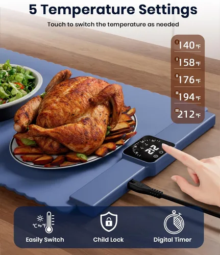Vista 2 de Alfombrilla de Calentamiento de Alimentos, Bandeja de Calentamiento Eléctrica con 5 Configuraciones de Temperatura para Mantener la Comida Caliente