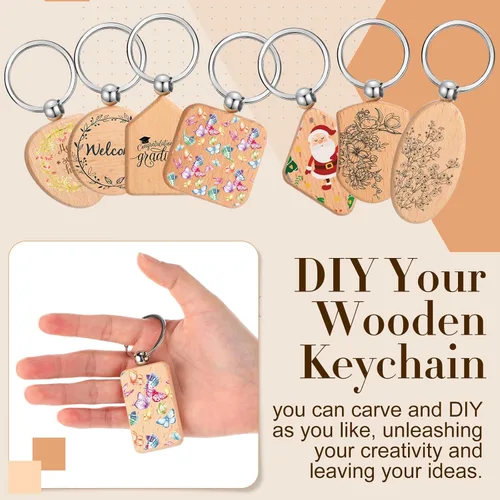 Vista 3 de Tradder 200 llaveros de madera en blanco, llaveros y etiquetas de madera sin terminar, suministros a granel para manualidades de regalo de bricolaje