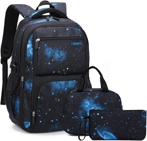 Mochila escolar con estampado de galaxias para niños de secundaria y primaria, negro, azul,, 3Pcs Backpack Set, Portátil