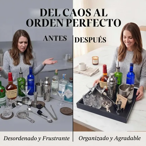 Vista 4 de Bandeja cuadrada de madera con asa, otomana decorativa para el hogar, 16 x 16 pulgadas, color negro