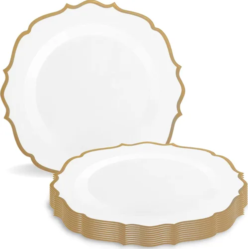 Vista 4 de Blue Sky Contemporary Collection - Platos de plástico blancos con borde dorado, vajilla desechable de 7.5 pulgadas (10 unidades) para eventos