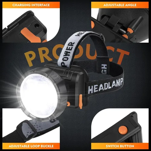Vista 7 de Linterna frontal recargable - Foco súper brillante con 2 modos - Linterna LED frontal para camping, pesca, senderismo