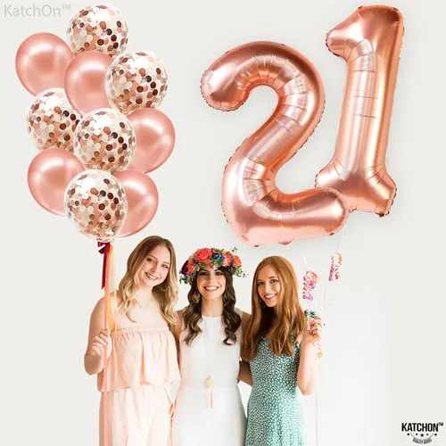 Vista 6 de KatchOn, Globo grande de oro rosa con el número 21, 40 pulgadas, decoraciones de cumpleaños 21 para niñas, globo de oro rosa con globos de confeti
