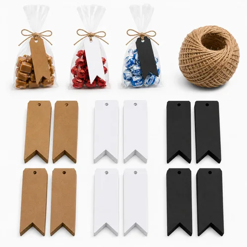 Vista 7 de Etiquetas de regalo de papel kraft de 150 quilates con StringTwine negro, blanco, marrón, juego a granel (festoneadas)