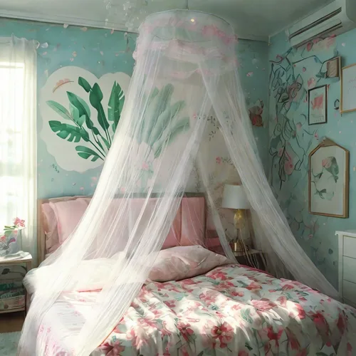 Vista 14 de Eimilaly Dosel de Cama de Encaje Mosquitera con Luces Cálidas, Dosel de Cama de Princesa para Decoración de Habitación de Niñas, Azul/Una Entrada