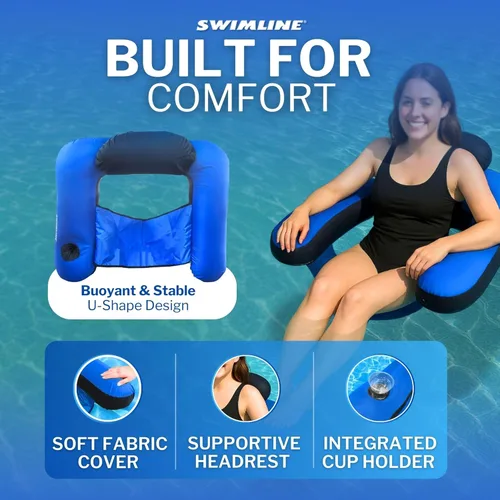 Vista 2 de SWIMLINE ORIGINAL Tumbona Inflable para Piscina con Asiento en U Cubierta de Tela Con Cómodo Asiento de Cabestrillo, Respaldo y Portavasos