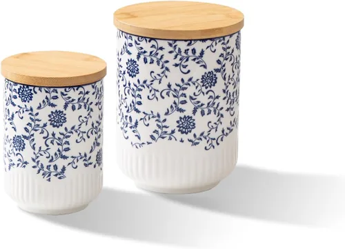 Vista 8 de Juego de recipientes para cocina - Recipientes de cerámica para encimera con tapas herméticas de madera - Recipientes para harina y azúcar