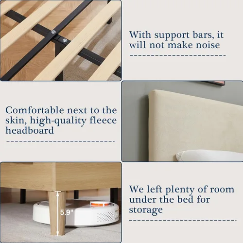 Vista 6 de VECELO Base de cama tamaño matrimonial tapizada con cabecera de algodón y lino ajustable en altura, listones de madera resistente, espacio debajo