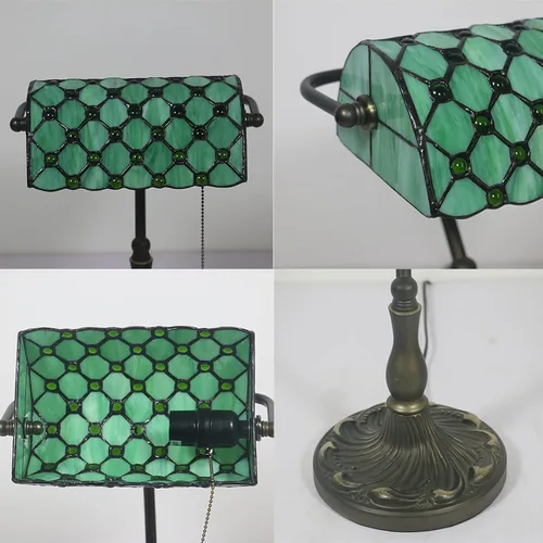 Vista 7 de Bankers Lamp Green Tiffany Antique Table Vintage Glass Retro with Pull Switch E27 Bedside Office Light for Desk Livingroom
