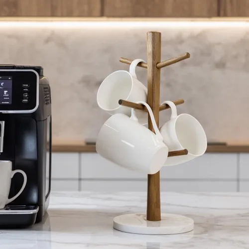 Vista 2 de Buruis Soporte para tazas de madera, base de mármol, soporte para tazas, soporte para cocina, café, encimera, soporte para té, secadora de taza