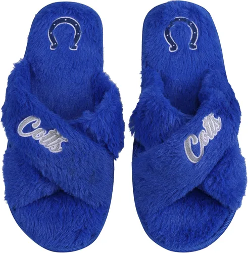 Vista 18 de FOCO Pantuflas deslizantes cruzadas mullidas con logotipo de texto del equipo NFL para mujeres