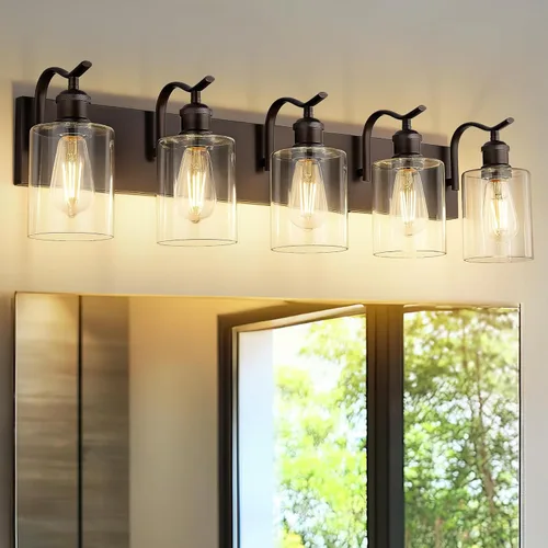 Vista 28 de Lámpara de tocador de baño con 4 luces, aplique de pared de níquel cepillado, lámpara de baño moderna con vidrio transparente, VL01BN-4