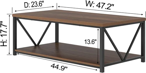 Vista 2 de FOLUBAN Mesa de centro moderna, mesa central de madera y metal con almacenamiento, mesa de cóctel industrial para sala de estar, nogal rústico, 47