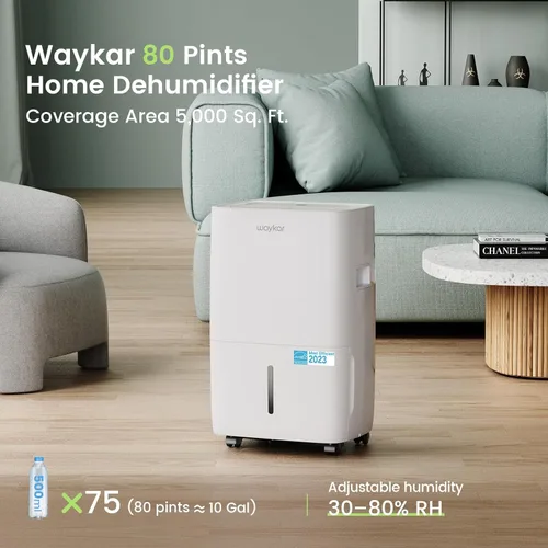 Vista 2 de Waykar 80 Pints Energy Star Dehumidifier for Spaces up to 5,000 Sq. Ft at Home, in Basements and Large Rooms with Drain Hose and 1.14 Gallons Water