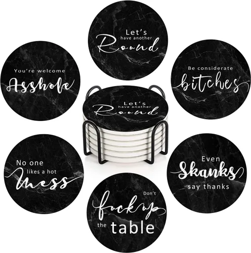 Juego de 6 posavasos para bebidas, mármol negro con citas y frases divertidas, tapete redondo absorbente de piedra de cerámica, con base de corcho y
