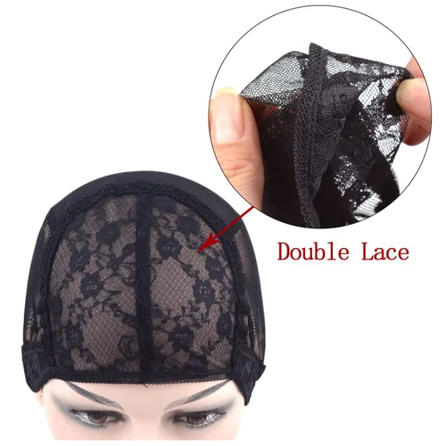 Vista 2 de 2 gorras negras de doble encaje con correas ajustables, malla de encaje suizo en la parte posterior para hacer peluca (negro S)