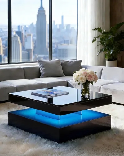 Vista 8 de FKWin Mesas de centro negras para sala de estar, mesa de centro LED con luces, moderna mesa de centro negra con superficie de alto brillo, mesa