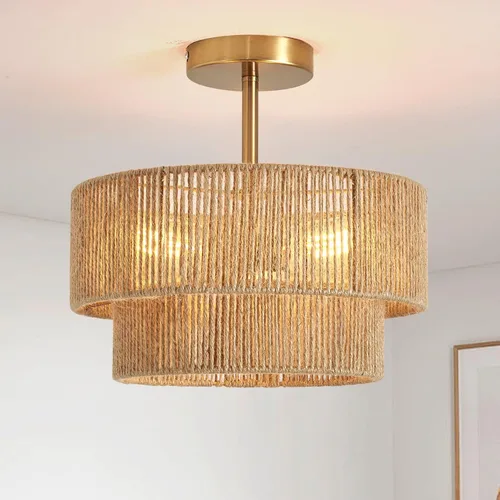 Vista 9 de Lámpara de Techo Bohemia de 15.7'', Montaje en Techo, Lámpara de Techo Semi-Empotrada de Cuerda de Cáñamo Costero, Lámpara de Ratán de 3 Luces