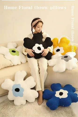 Vista 2 de Almohada de sofá Cojín de cintura Almohada de felpa con forma especial de flor Almohada creativa de corazón para niña (negro y blanco)