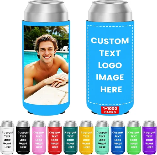 Vista 23 de Fundas enfriadoras de latas delgadas personalizadas a granel, soporte de botella de neopreno aislado con logotipo, imagen, texto para boda