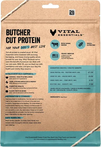 Vista 2 de Vital Essentials Golosinas para perros de un solo ingrediente de hígado de res, 15 oz Liofilizadas crudas Golosinas de entrenamiento de alta