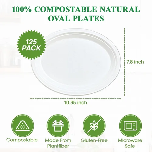 Vista 5 de Vplus Platos de papel ovalados 100% compostables de 10 pulgadas, paquete de 125 platos de papel desechables súper fuertes, bagazo, natural