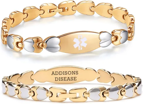 Vista 15 de LinnaLove Pulsera de identificación médica de doble corazón para mujeres 7 1/2 pulgadas de acero inoxidable de moda pulseras de alerta médica
