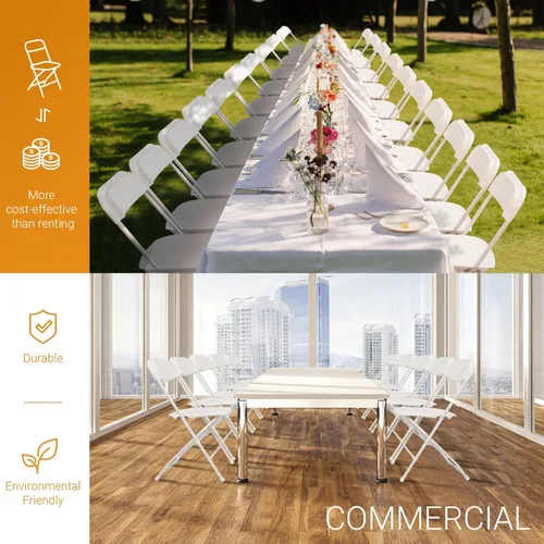 Vista 6 de VINGLI Paquete de 5 sillas plegables de plástico blanco, asiento comercial apilable portátil para interiores y exteriores con marco de acero