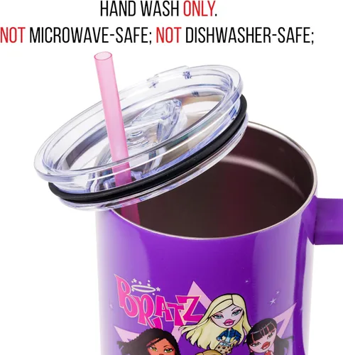 Vista 4 de Silver Buffalo - Vaso de acero inoxidable Bratz con Cloe, Yasmin, Jade y Sasha, con asa y pajilla, compatible con portavasos estándar, 40 onzas