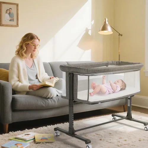 Vista 6 de Moisés para bebé, cuna portátil para recién nacido, con ruedas bloqueables, altura ajustable, colchón suave extraíble, color gris